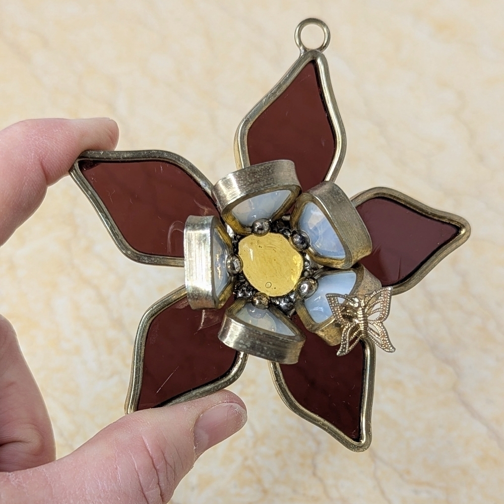 Vintage Stained Leaded Glass 3 Dimensional Flower Hanger With Butterfly Ornament